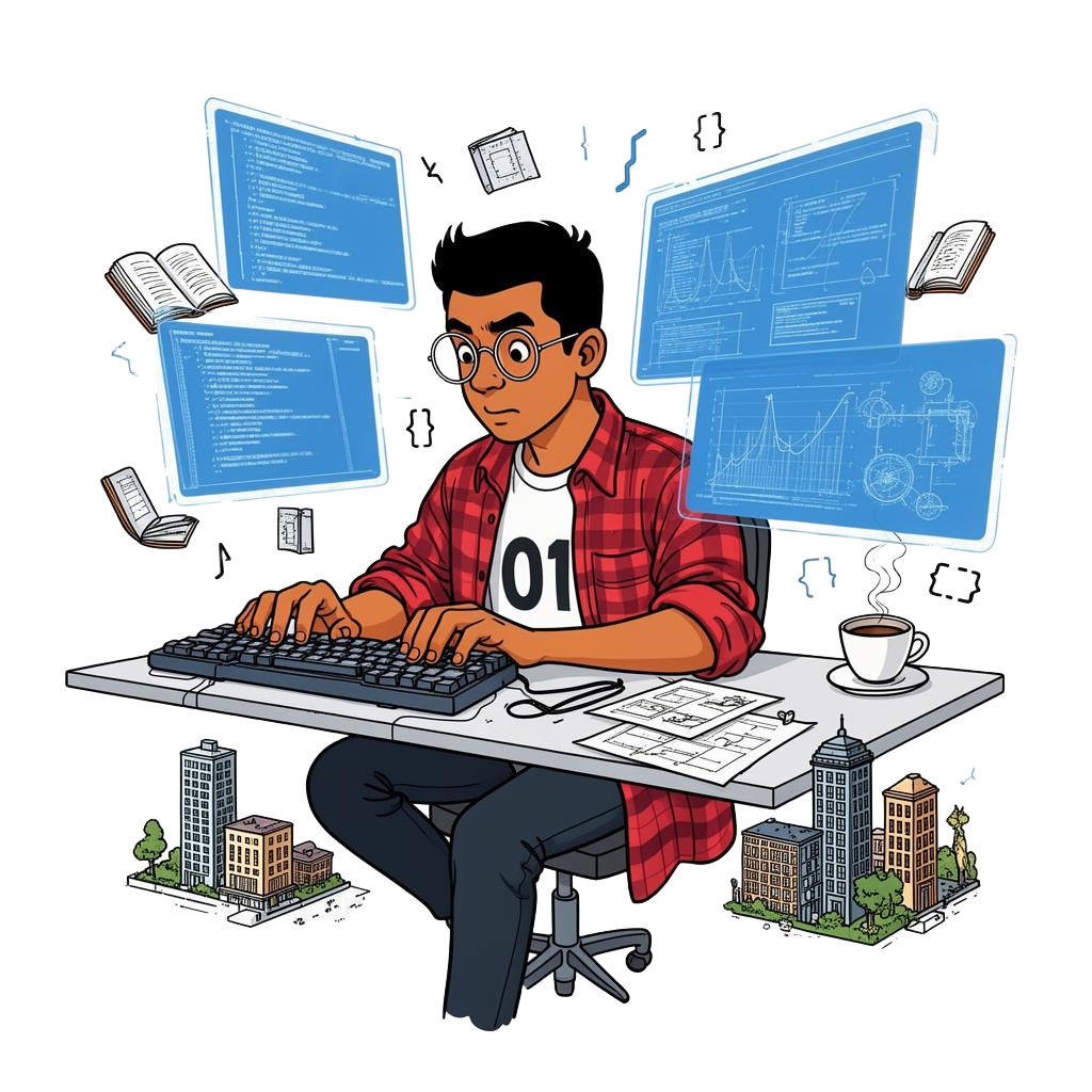 Shuvo coding at a floating desk